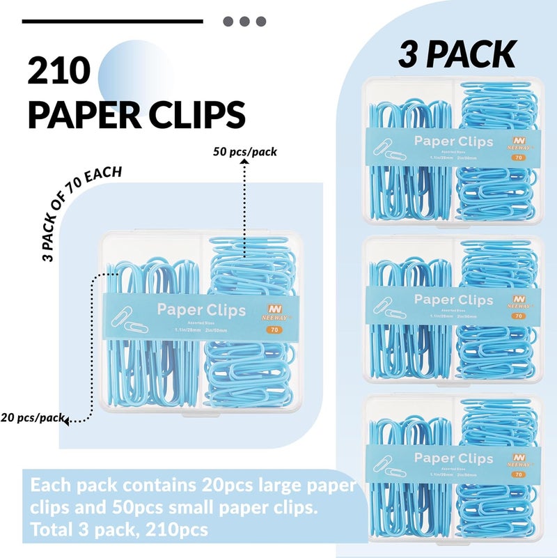 NEEWAY Colorful Paper Clips Assorted Sizes, Small and Large Paperclips, 210 Count, 3 Pack of 70 (Blue) - Image 3